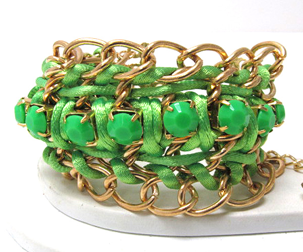 Metal fashion chain and crystal stone patern on braided colorful fashion cord chain bracelet