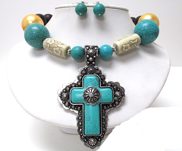 Multi wood balls and pearl turquoise cross textured metal necklace earring set