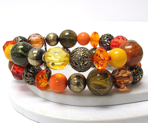 Multi crystal glass and mixed metal balls with acryl animal print balls stretch bracelet