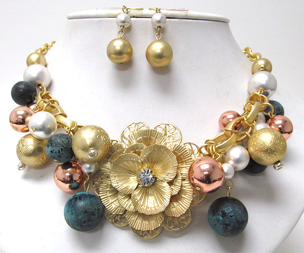 Mixed multi metal fashion balls and center metal filigree flower drop chain necklace earring set 