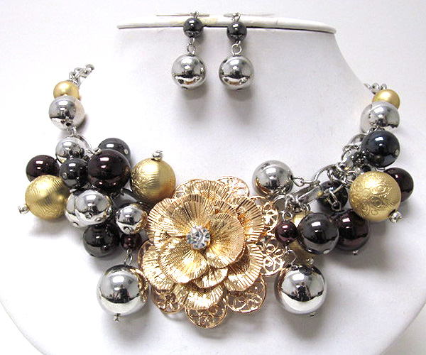 Mixed multi metal fashion balls and center metal filigree flower drop chain necklace earring set 