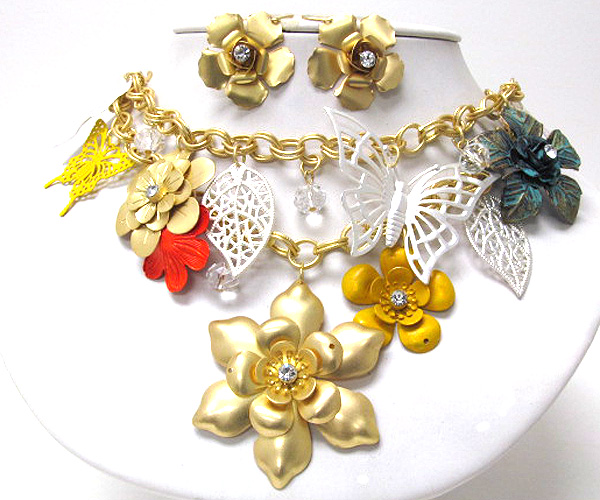 Chunky spring vintage mixed crystal metal flowers and butterfly with crystal glass link neklace earring set