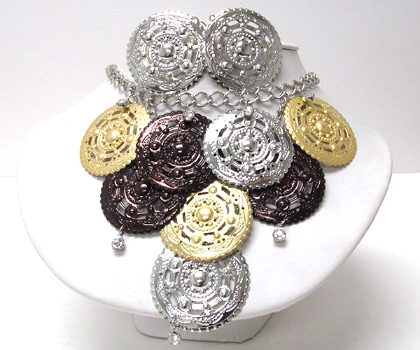 Chunky spring vintage mixed metal filigree disk cascade drop neklace earring set