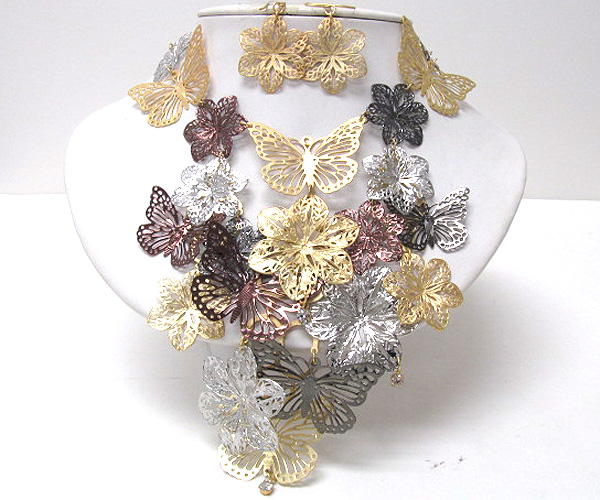 Crystal on end metal flower and butterflys filigree chain necklace earring set