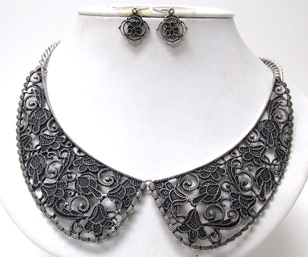 Two large fashion filigree horns drop chain necklace earring set