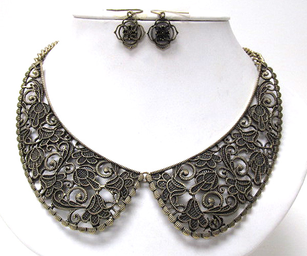 Two large fashion filigree horns drop chain necklace earring set