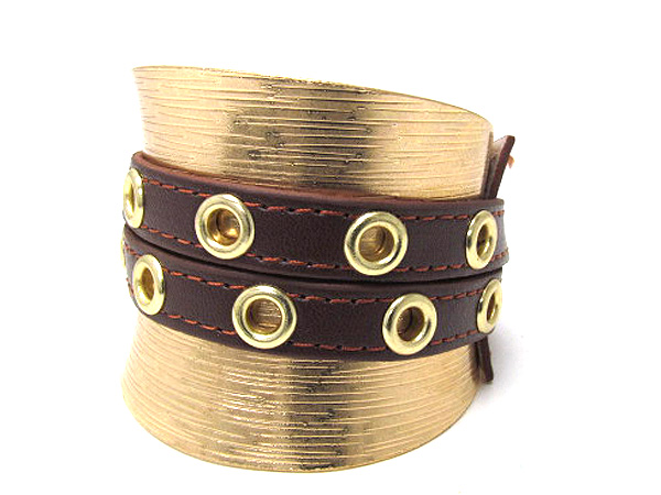 Metal leather strap on button metal fashion cuff