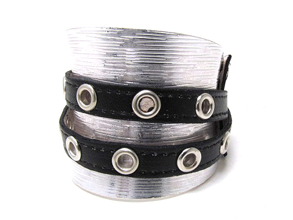 Metal leather strap on button metal fashion cuff