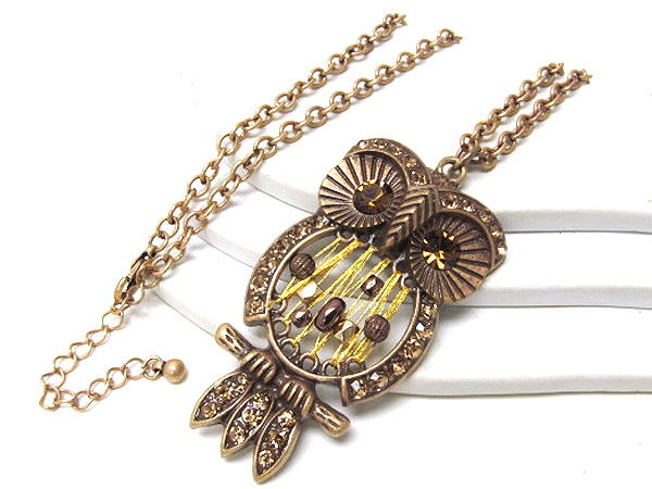 Multi seed beads through thread on metal crystal owl drop long chain necklace