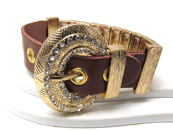 Belt shape leather and crystal metal stretch bracelet 