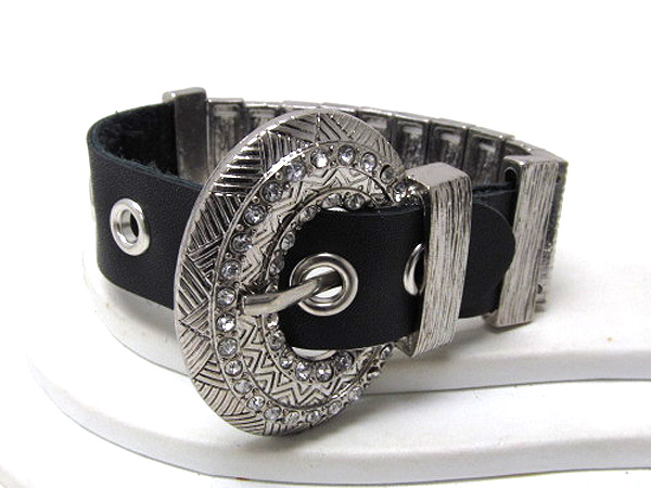 Belt shape leather and crystal metal stretch bracelet