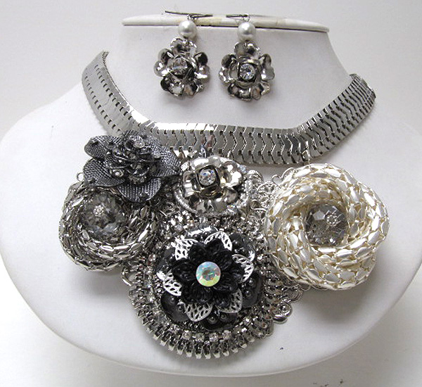 Crystal stud metal chain flowers bib necklace earring set