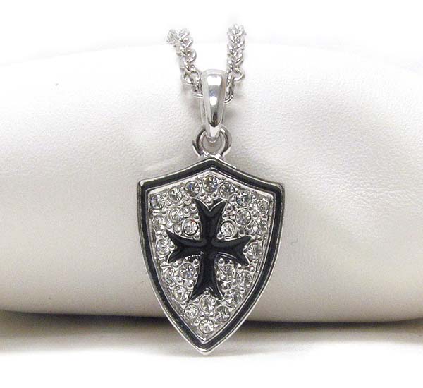 Made in korea whitegold plating crystal and epoxy deco shield and cross pendant necklace