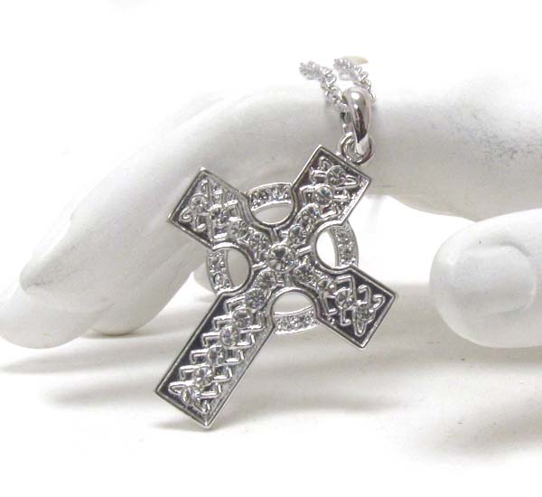 Made in korea whitegold plating crystal deco cross and circle pendant necklace