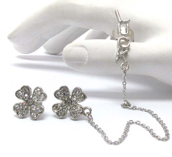 Crystal clover earring and luck ear cuff set of 3