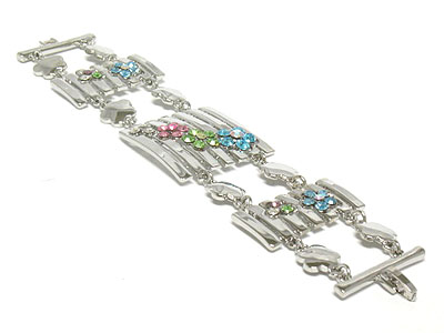 Multi color crystal flower and metal link bracelet