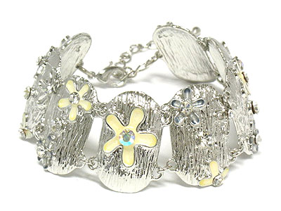 Crystal and painted flower and metal link bracelet