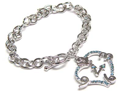 Crystal heart clock charm toggle bracelet