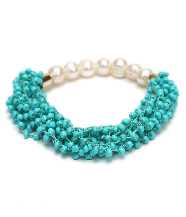 Genuine fresh water pearl and multi seed bead stretch bracelet