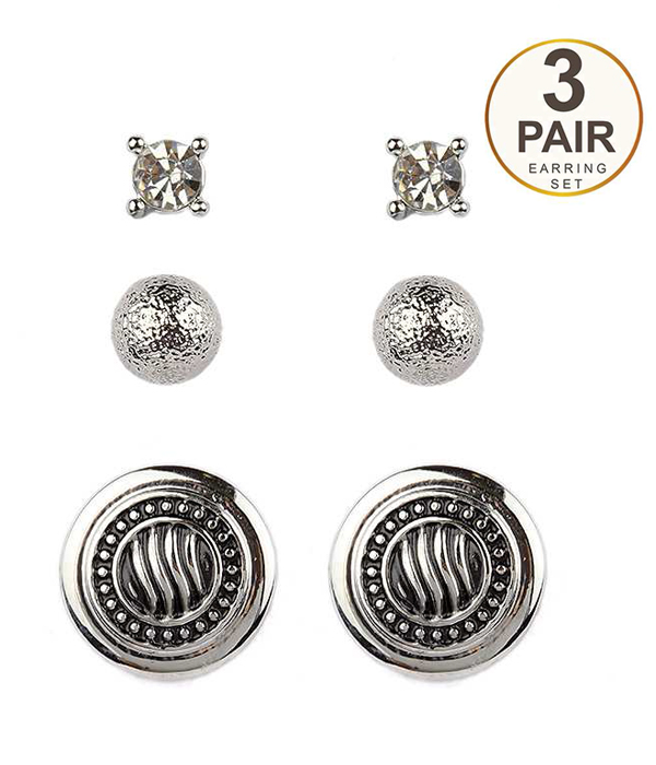 Designer pattern metal casting button 3 pair earring set