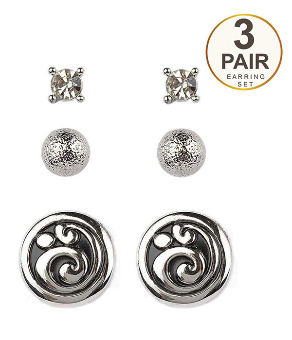 Designer pattern metal casting button 3 pair earring set