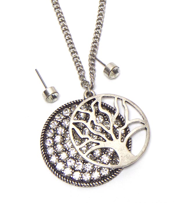 Crystal stud disk and tree of life pendant necklace set