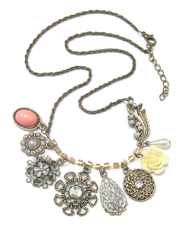 Retro vintage multi charm drop necklace