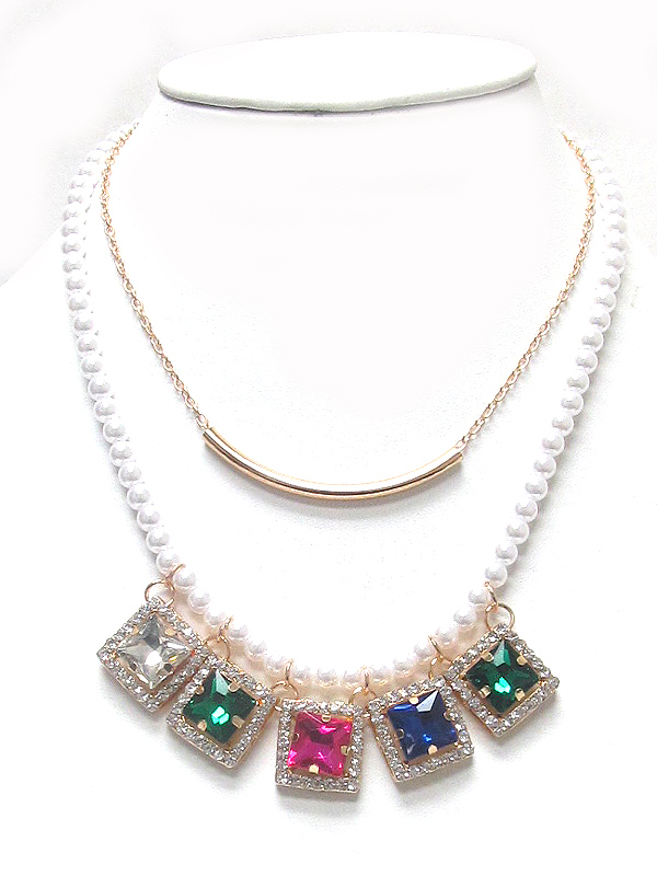 Square crystal and pearl double layer necklace