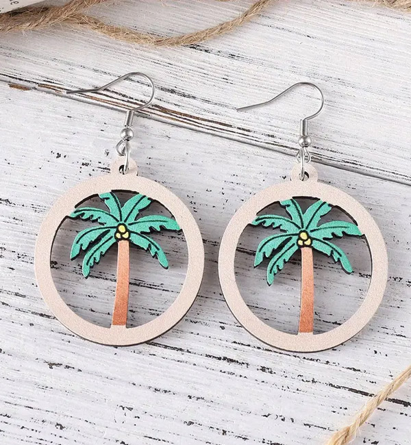 Palm tree wooden dangle hoop earrings