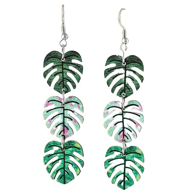 Triple monstera leaf wooden dangle earrings