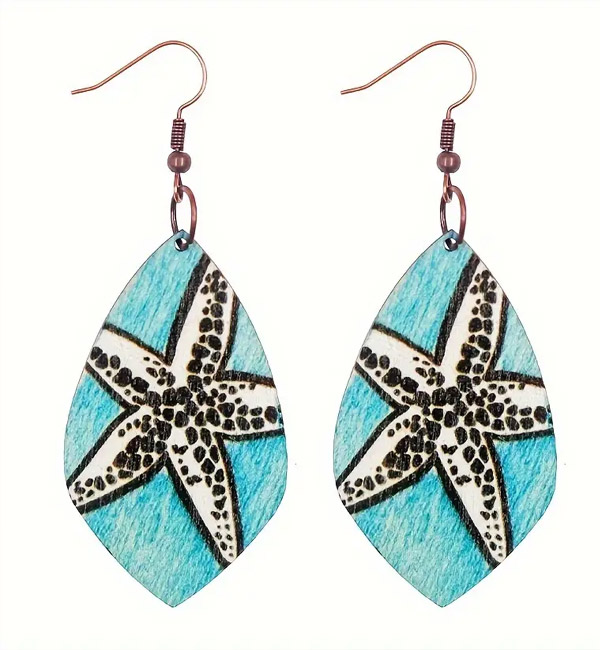 Blue starfish wooden teardrop dangle earrings