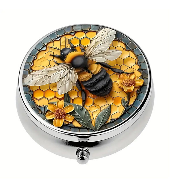 Honeybee and honeycomb decorative metal pill box