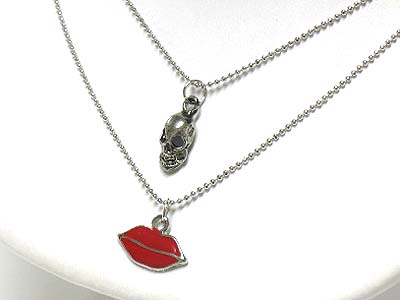 Made in korea whitegold plating double strand skull and lips pendant necklace