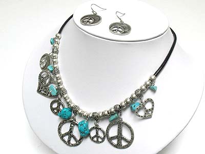 Natural stone and peace mark charm dangle neckalce and earring set