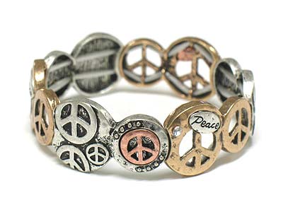 Tri tone metal peace theme stretch round metal bracelet