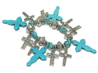 Carved natural stone cross charm stretch bracelet