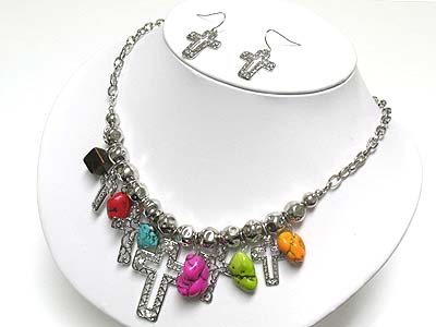 Natural stone and metal cross charm dangle neckalce and earring set