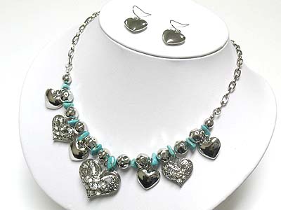 Crystal deco heart chamr and natural chip stone necklace and earring set