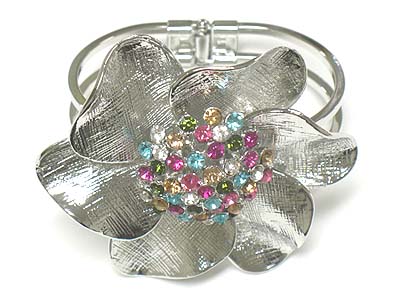 Extra large crystal accent metal flower hinge bangle