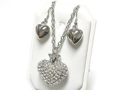 Crystal puffy heart pendant long necklace and earring set