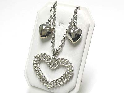 Dual crystal open heart pendant long necklace and earring set