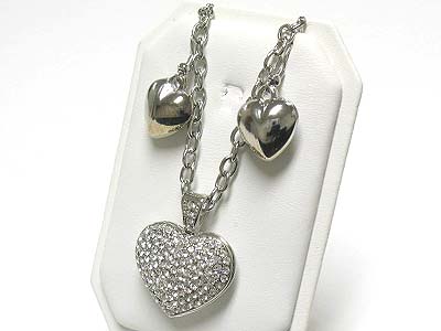 Crystal puffy heart pendant long necklace and earring set