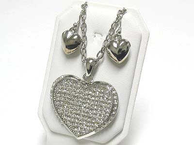 Crystal large puffy heart pendant long necklace and earring set