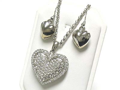 Crystal puffy heart pendant long necklace and earring set