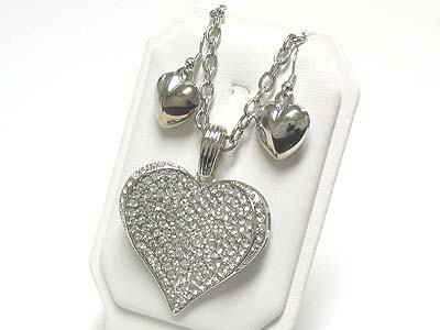 Crystal waved heart pendant long necklace and earring set