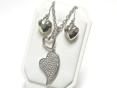 Dual crystal heart pendant link long necklace and earring set