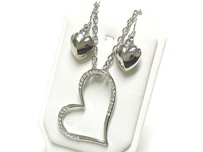 Crystal open heart pendant long necklace and earring set