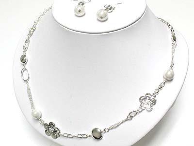 Pearl beads metal link long necklace and earring set