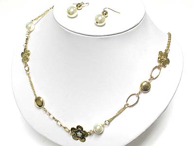 Pearl beads metal link long necklace and earring set