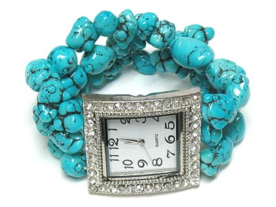 Tri row natural stone stretch crystal frame watch 